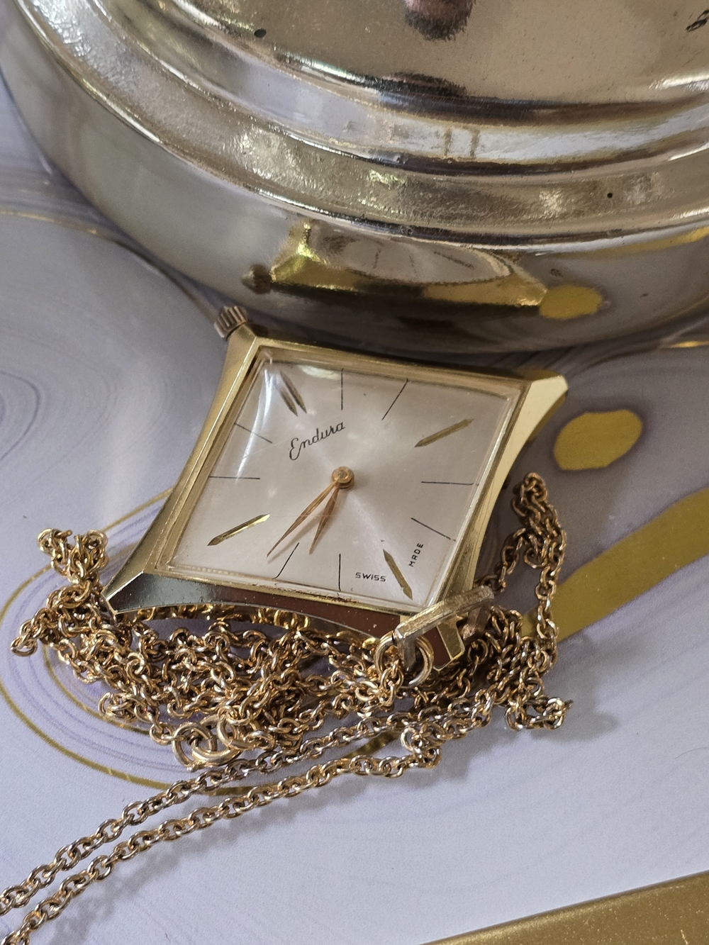 Gold-Tone Square Pendant Watch Necklace Automatic